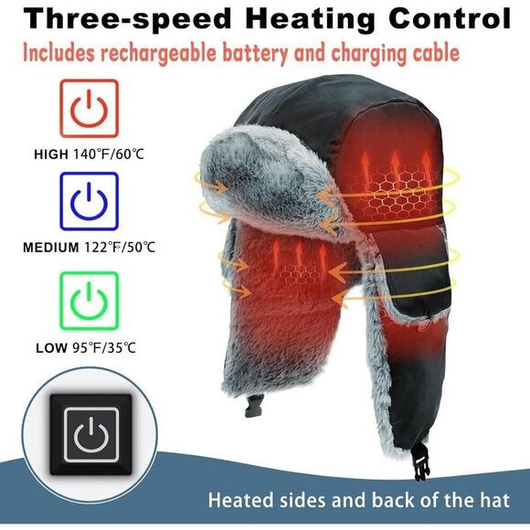 Heated Trapper Hat Faux Fur Rechargeable Battery for Unisex - Picture 3 of 8